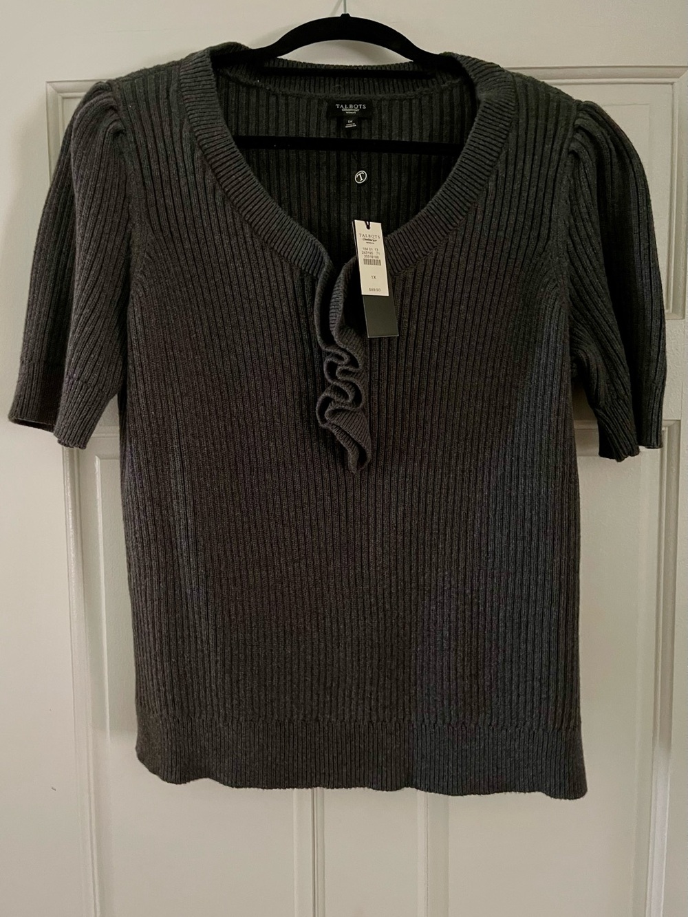 Talbots Dark Charcoal Ribbed Scoop-Neck Sweater with Front Ruffle